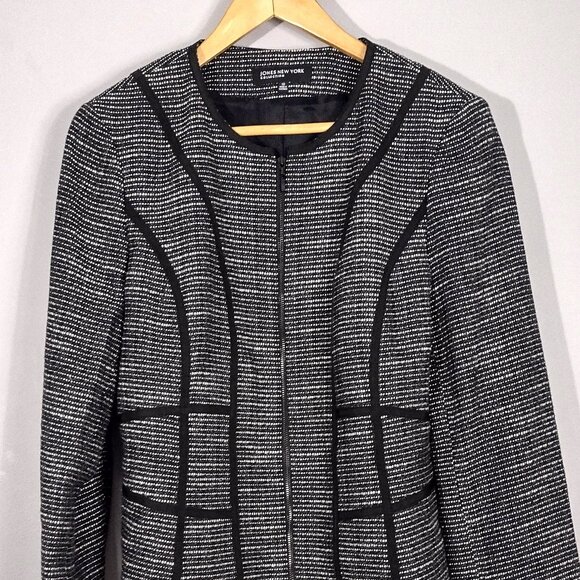 JONES NEW YORK Black Tweed Geometric Trim Zipper Blazer Jacket 10 Office Career - Picture 4 of 16